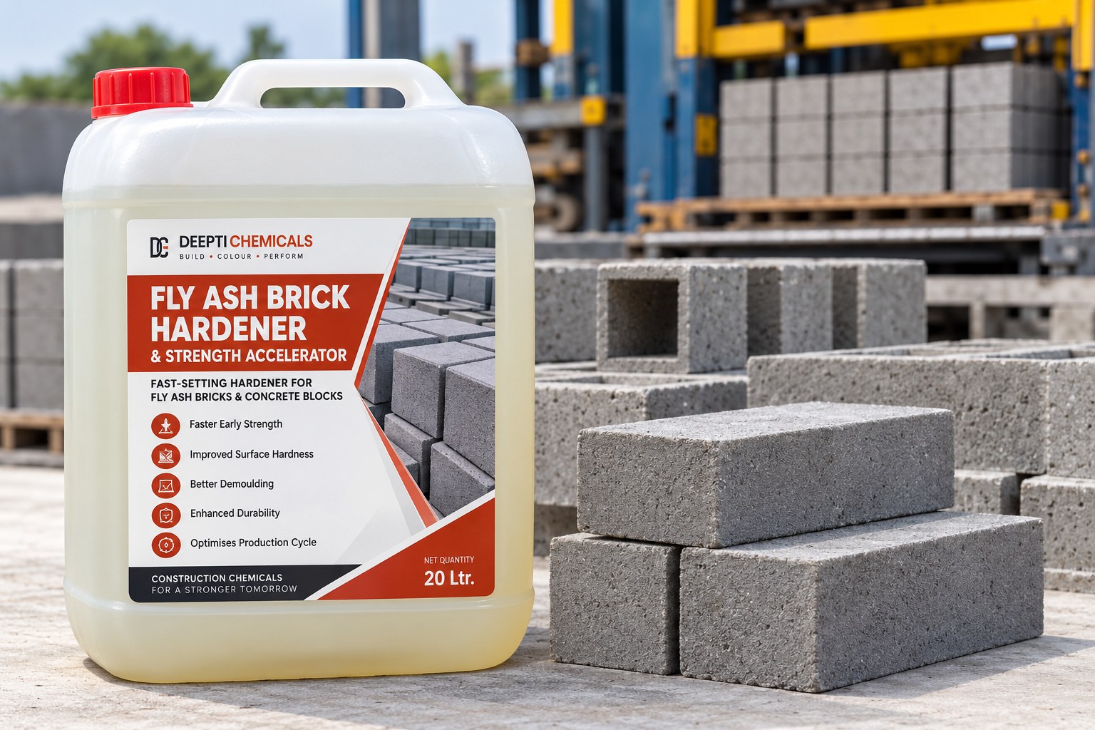 Fly Ash Brick Hardener & Strength Accelerator product container with fly ash bricks and concrete blocks