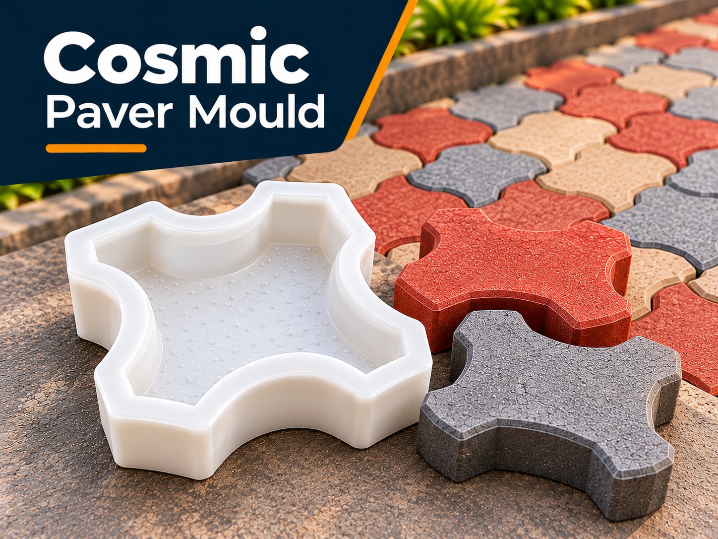 Cosmic paver mould with finished cosmic pavers