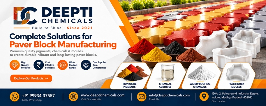 Deepti Chemicals — Build to Shine. Iron oxide pigments, chemical additives, waterproofing chemicals and paver block moulds from one supplier.
